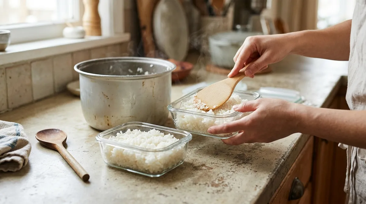 Leftover rice goes into shallow containers and into the fridge within 1 hour, and never cools inside the pot