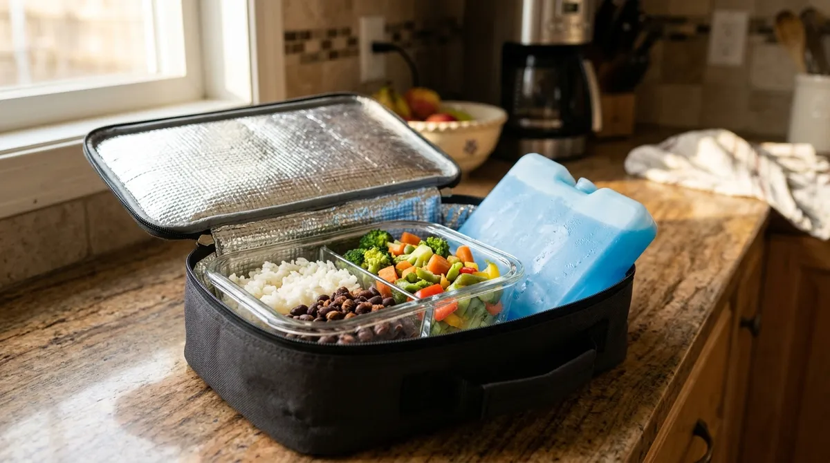 A packed lunch away from the fridge follows the 2-hour rule: an insulated bag with ice packs covers the trip