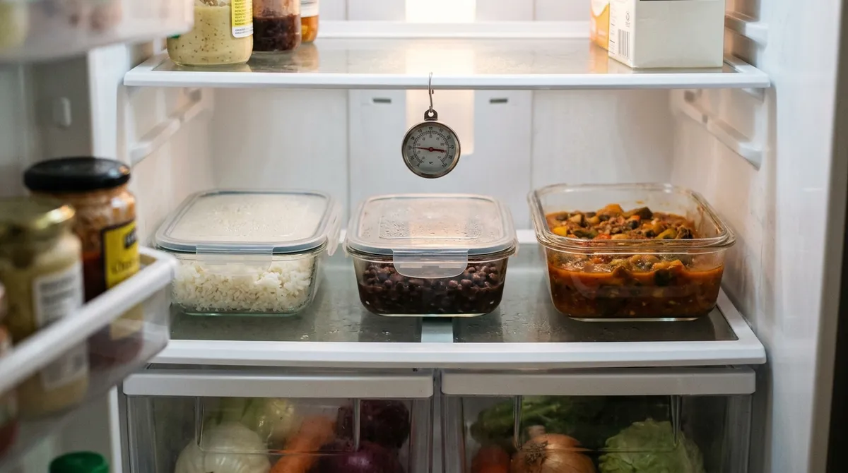 Shallow containers, space between them and a thermometer on the shelf: leftovers chill fast and the fridge stays at 40 °F (4 °C) or below